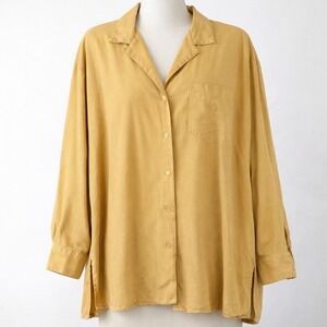 Vtg 100% Silk Button Shirt Mustard Yellow Long Sleeve Oversized Women M L Luxury